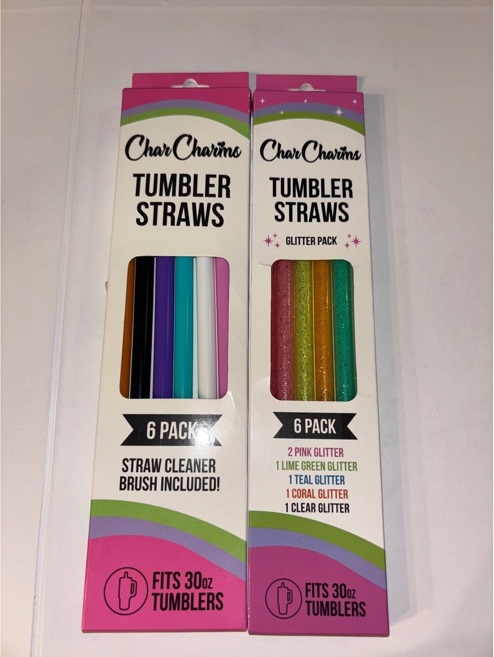 CharCharms Tumbler Straws 2 Pack Bundle 12 Straws Solid Glitter 30oz NWT